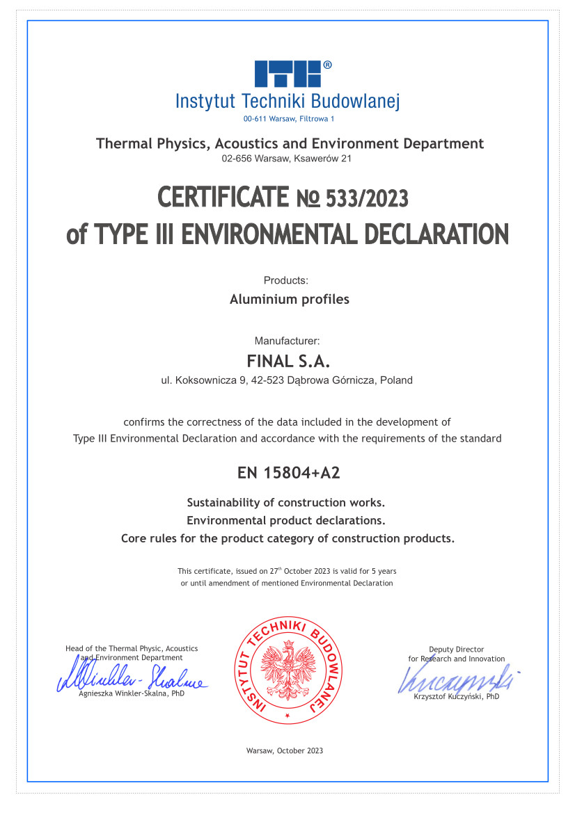 Certificate of Type III  Environmental Declaration