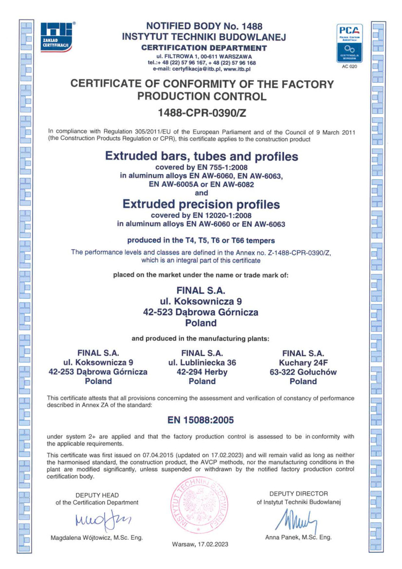 Zertifikat der Übereinstimmung der werkseigenen Produktionskontrolle